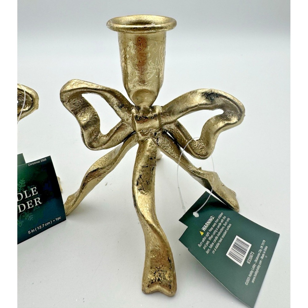 Hobby Lobby Gold Bow Taper Candle Holders Set of 2 Metal Christmas Decor NEW - Picture 3 of 7